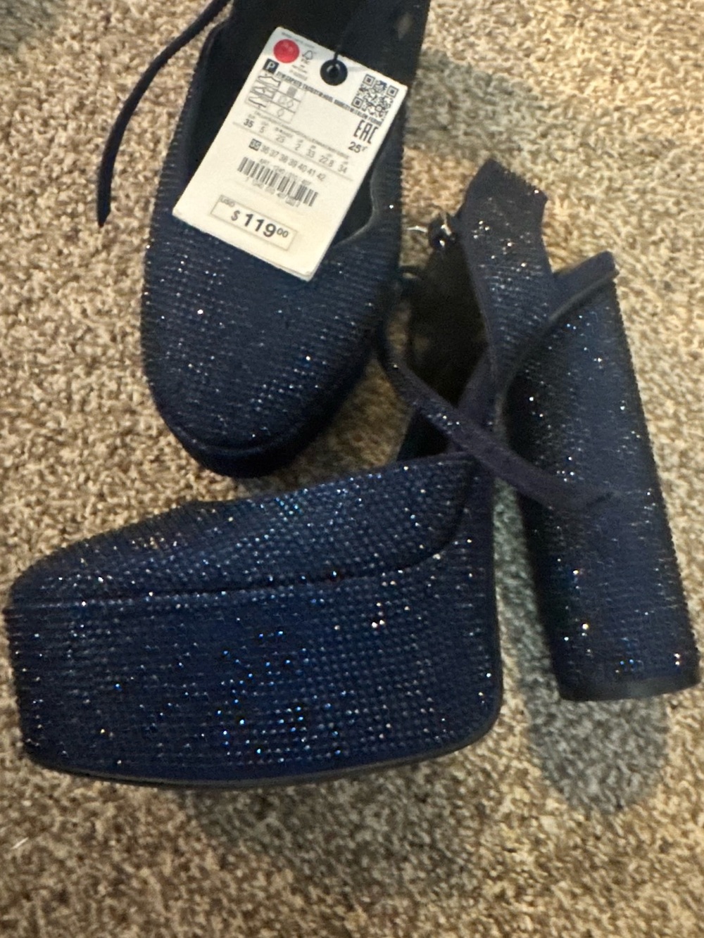 Zara Navy Glitter Platform Block Heels with Ankle Strap
